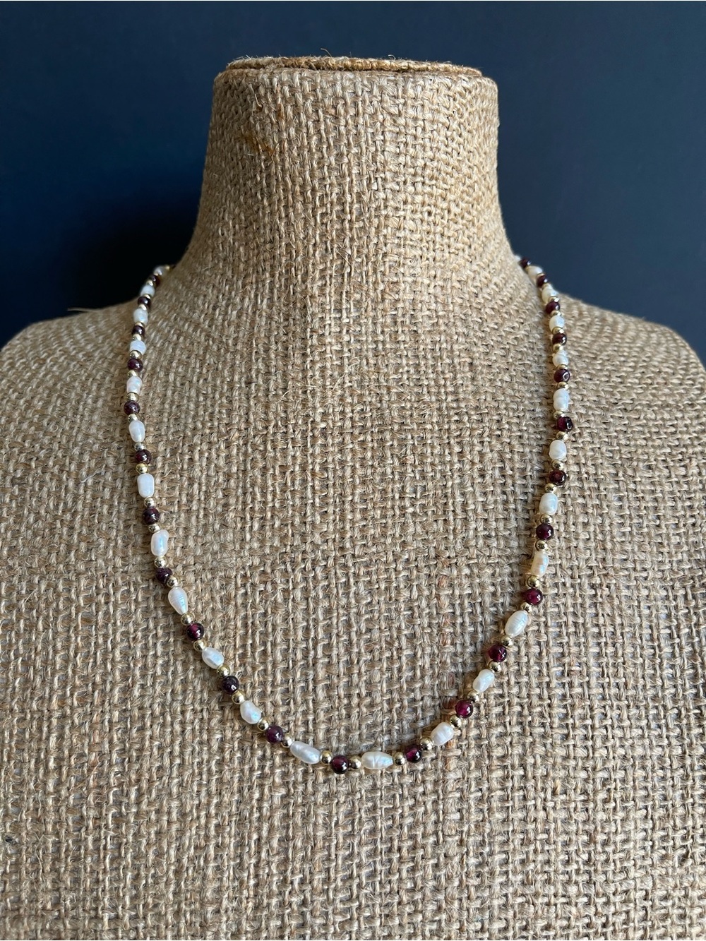Freshwater Pearl and Garnet Bead Necklace.